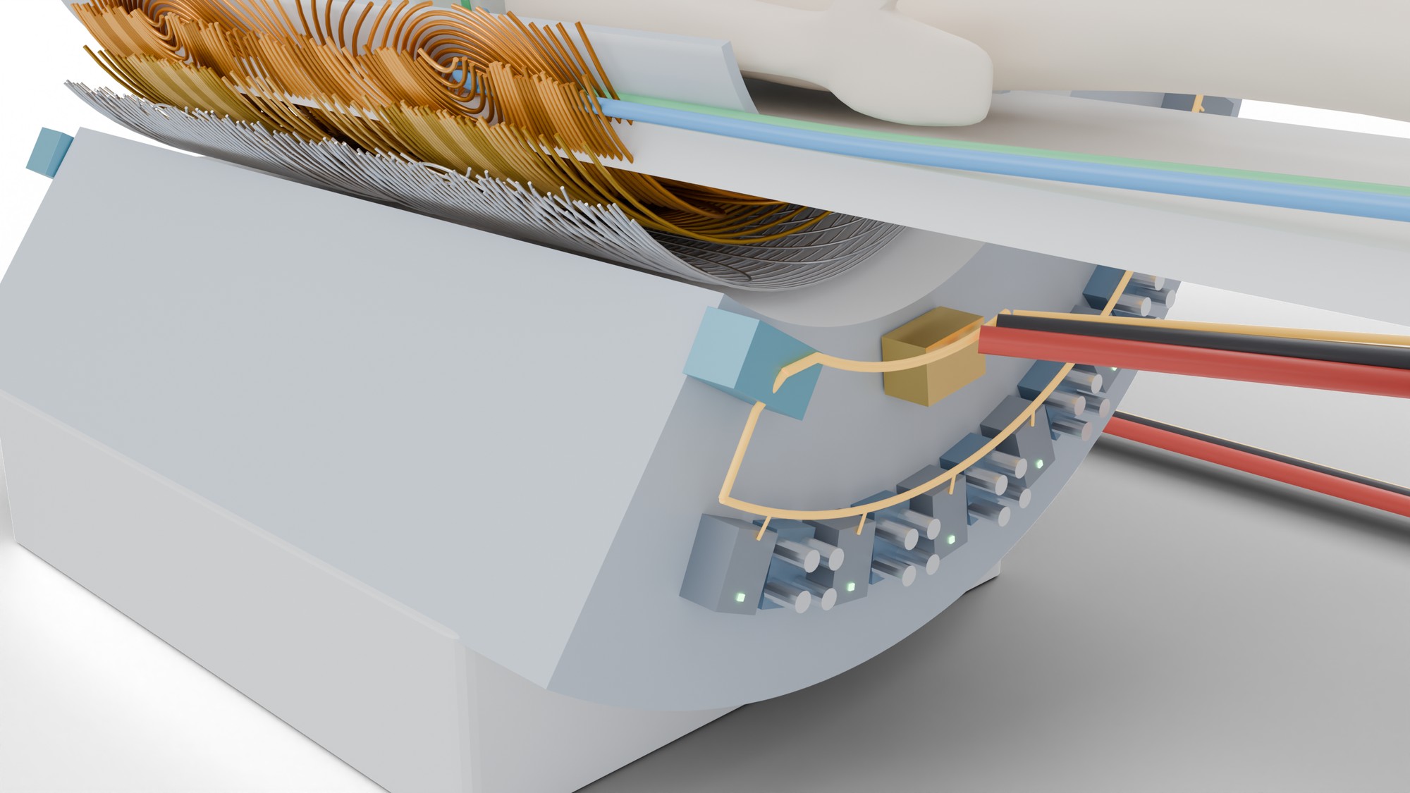 End face of a magnet with a ring of small amplifier modules and their wiring