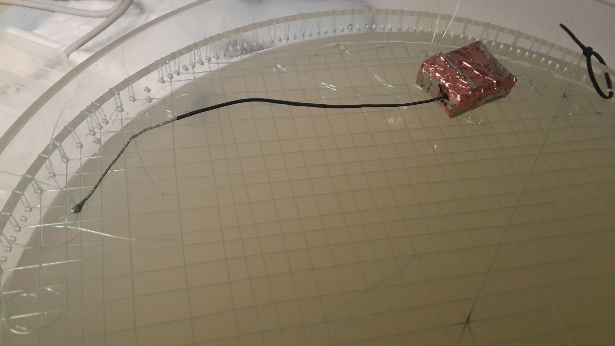 Implant prototype and lead placed in a gel phantom